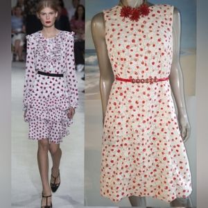 □$1,990 NEW OSCAR DE LA RENTA WHITE FLORAL LACE RED DOT RUNWAY DRESS US 10 L